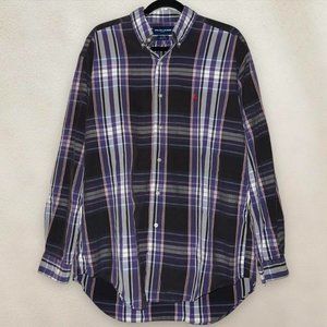 Ralph Lauren Golf Button Down Shirt Plaid Striped Purple Cotton Tall Men's Large